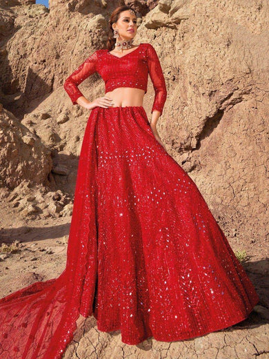 Beautiful Red Sequins Net Reception Wear Lehenga Choli With Dupatta